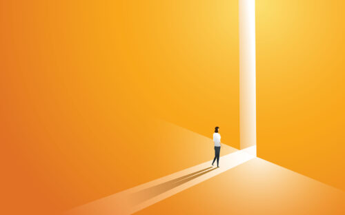 Businesswoman Walking Go To Front Of Bright Big Shining Door In The Wall Orange Of The Hole At Light Falls. Illustration Vector
